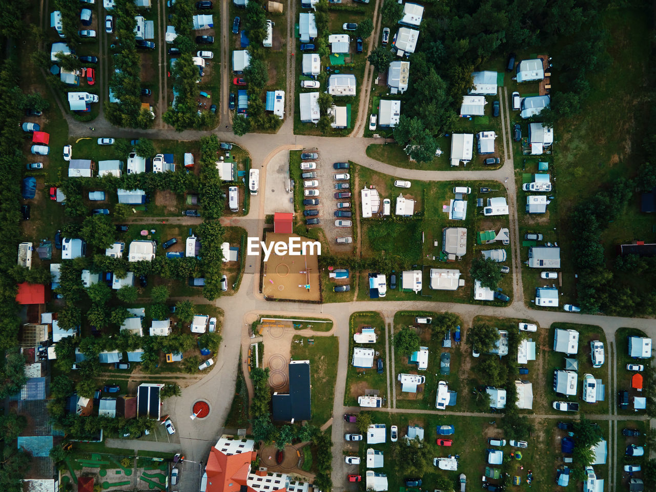 Aerial view of campsite with trailers near baltic sea beach in wladyslawowo, poland