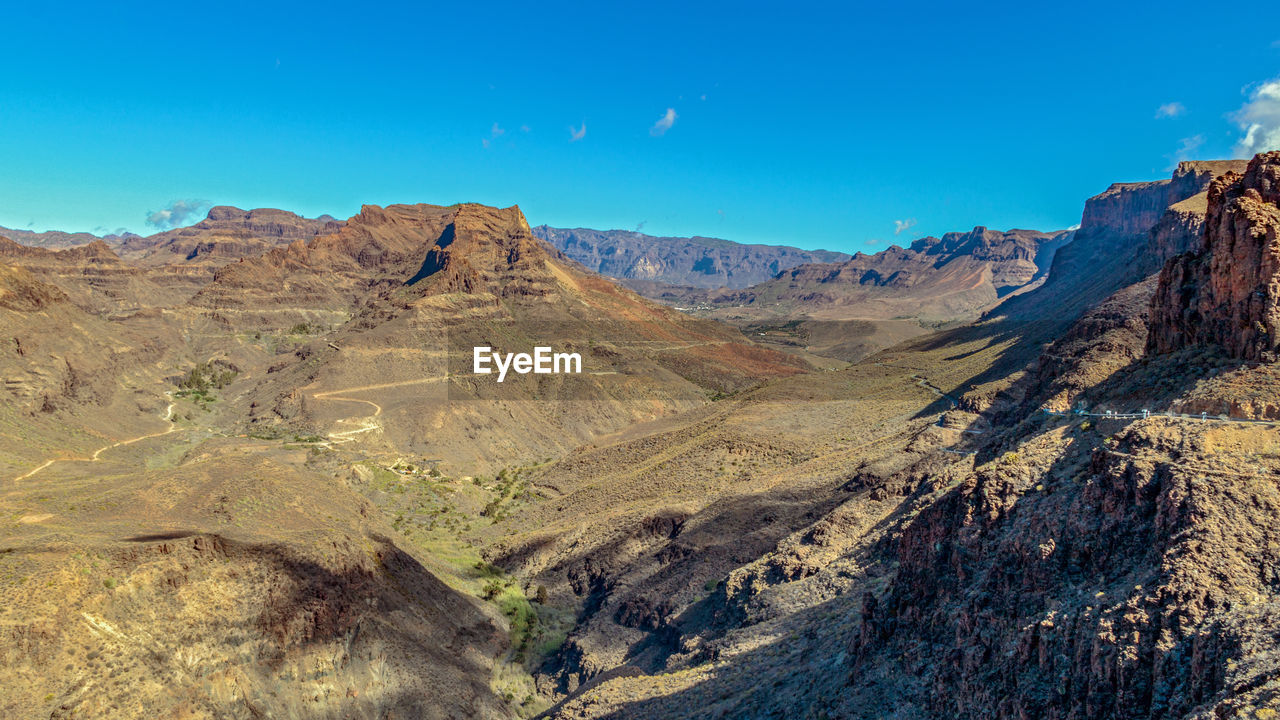 Low angle view of mountains against clear blue sky