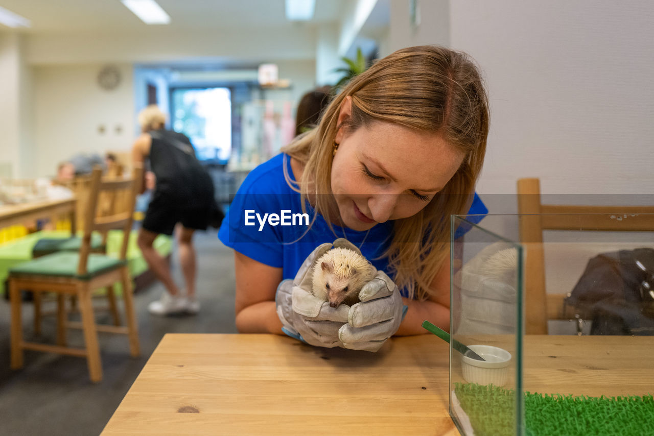 Woman playing with porcupine on table