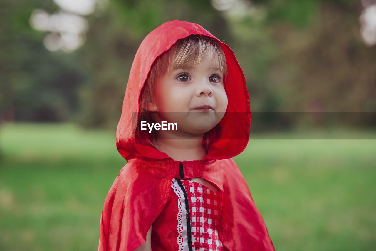 Charming baby in a red riding hood costume and golden retriever instead of a wolf