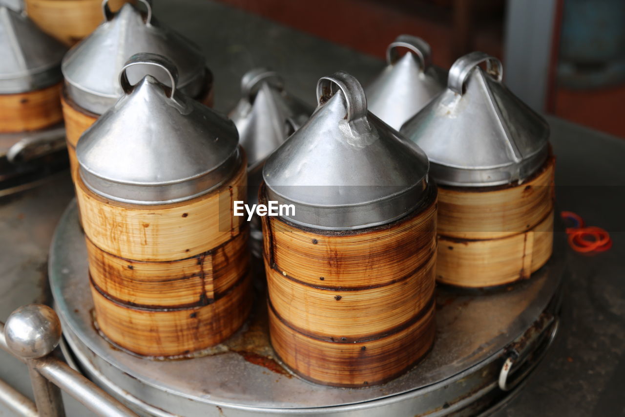 High angle view of bread in container on table