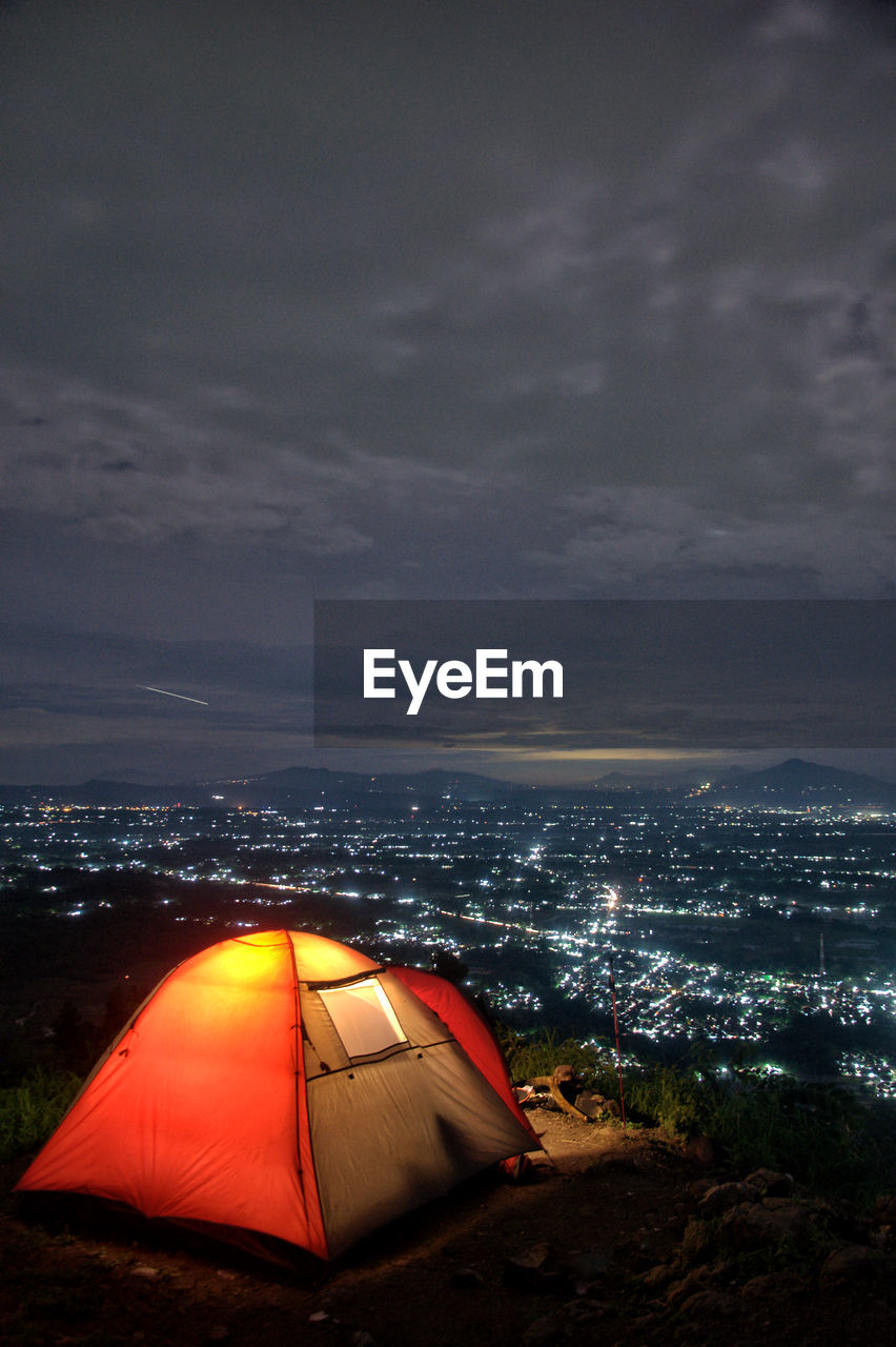 High angle view of tent in city against sky