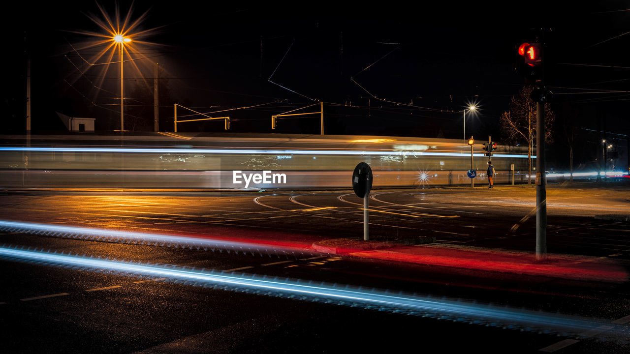 Light trails on road at night