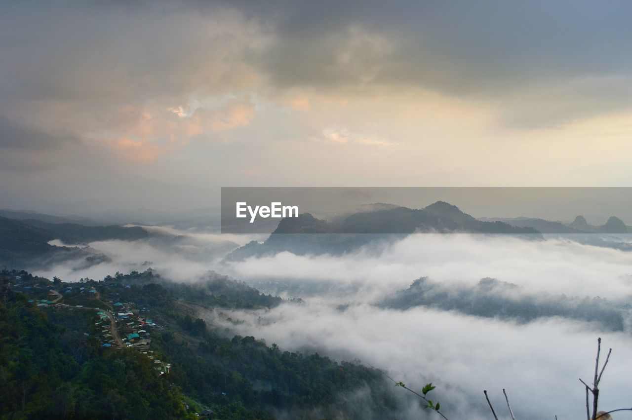 Scenic view of mountains against sky during sunset