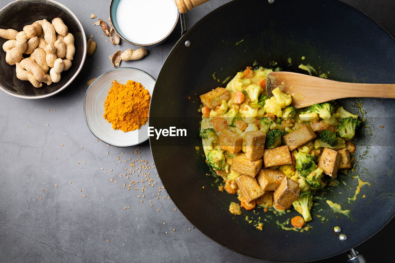 High angle view of food in bowls on table