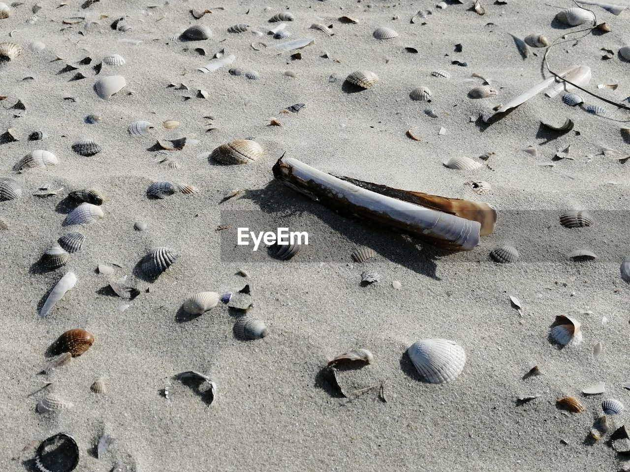 HIGH ANGLE VIEW OF PEBBLES ON SAND