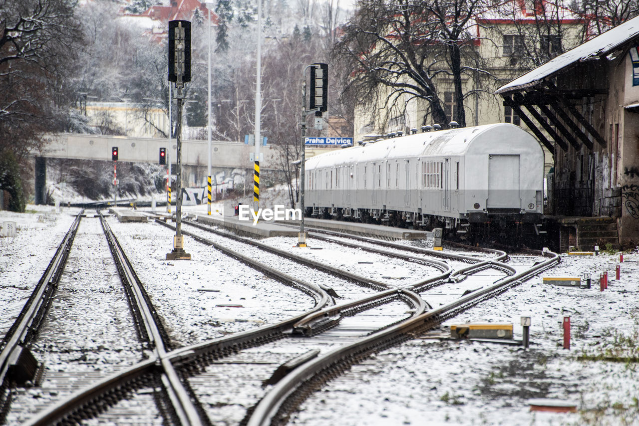 Train and railroad tracks in winter