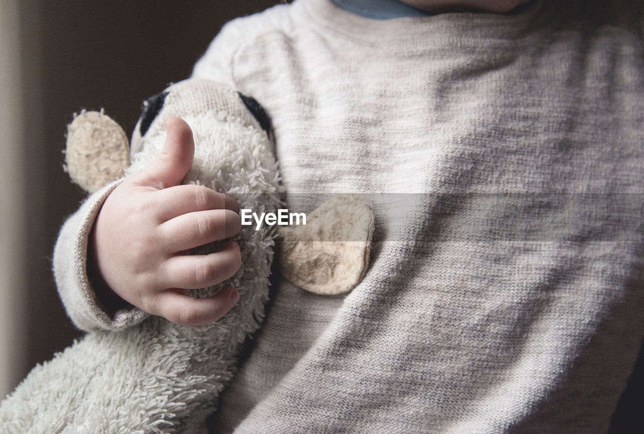 Midsection of boy holding stuffed toy at home