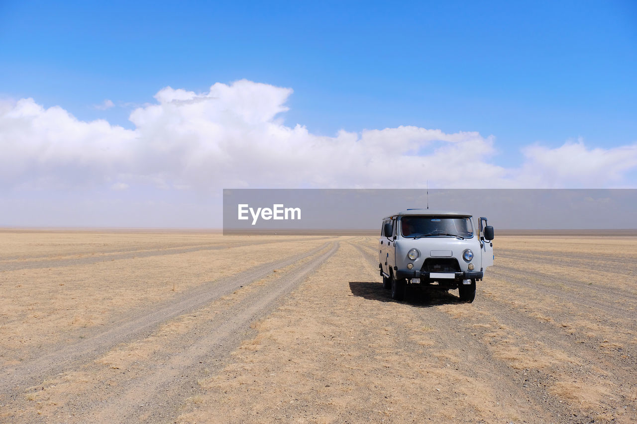 Russia van with landscape view at gobi desert nationalpark at mongolia.