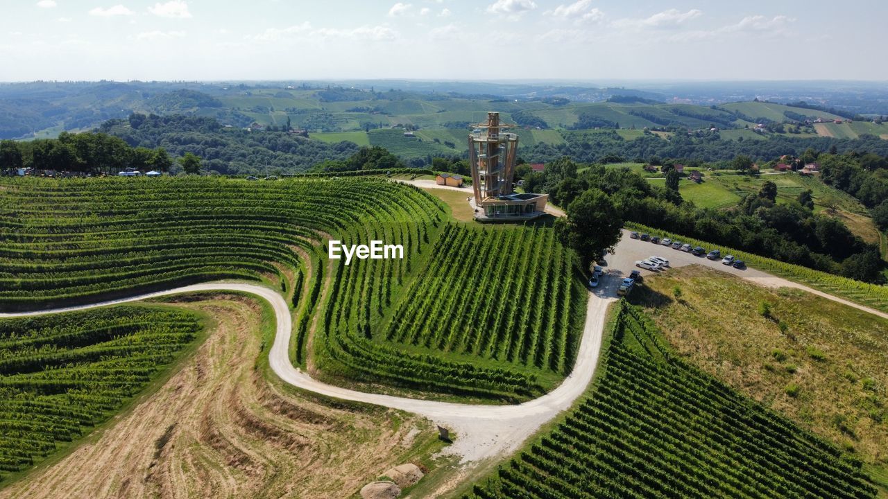 high angle view of agricultural field against sky