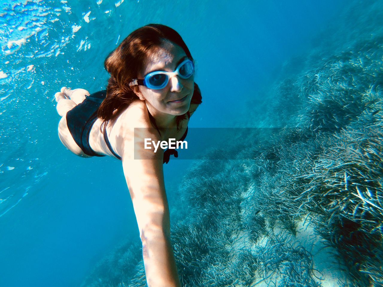 Full length of young woman swimming undersea