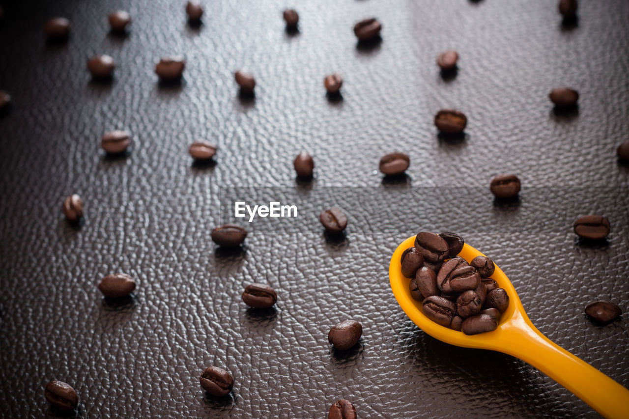 High angle view of coffee beans on table