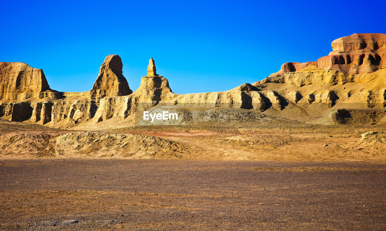 PANORAMIC VIEW OF ROCK FORMATIONS AGAINST CLEAR BLUE SKY