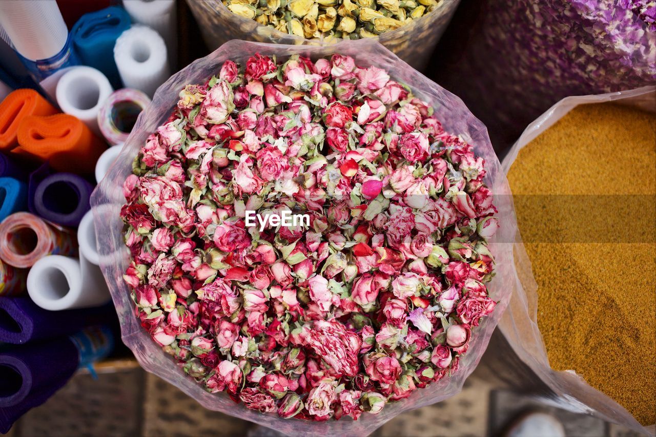 Directly above shot of dried roses at market stall