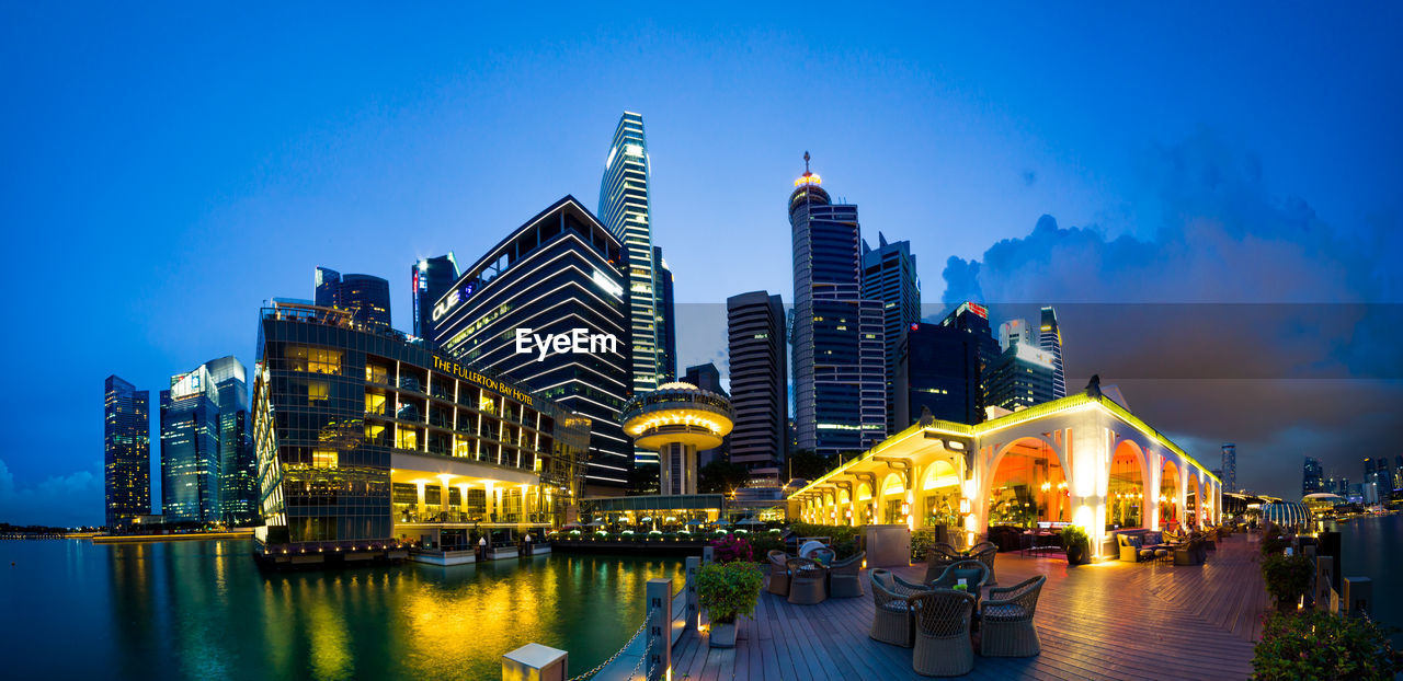 River with tall buildings against blue sky