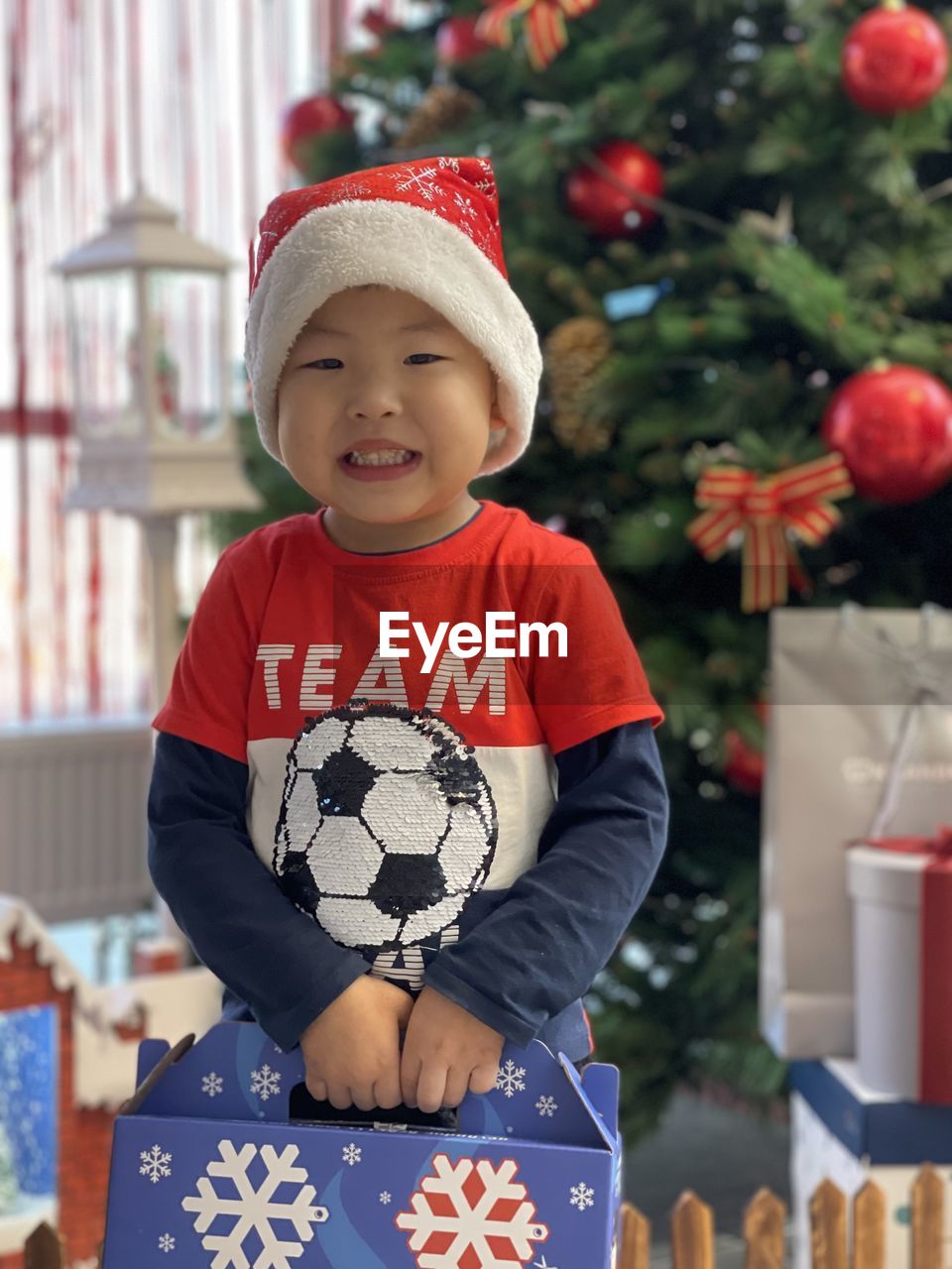 Portrait of cute boy get present at christmas tree