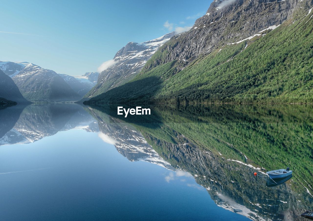 Scenic view of lake by mountains against sky