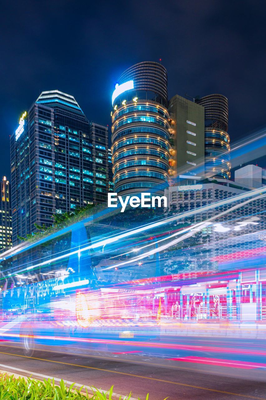 High angle view of light trails on road at night in jakarta 