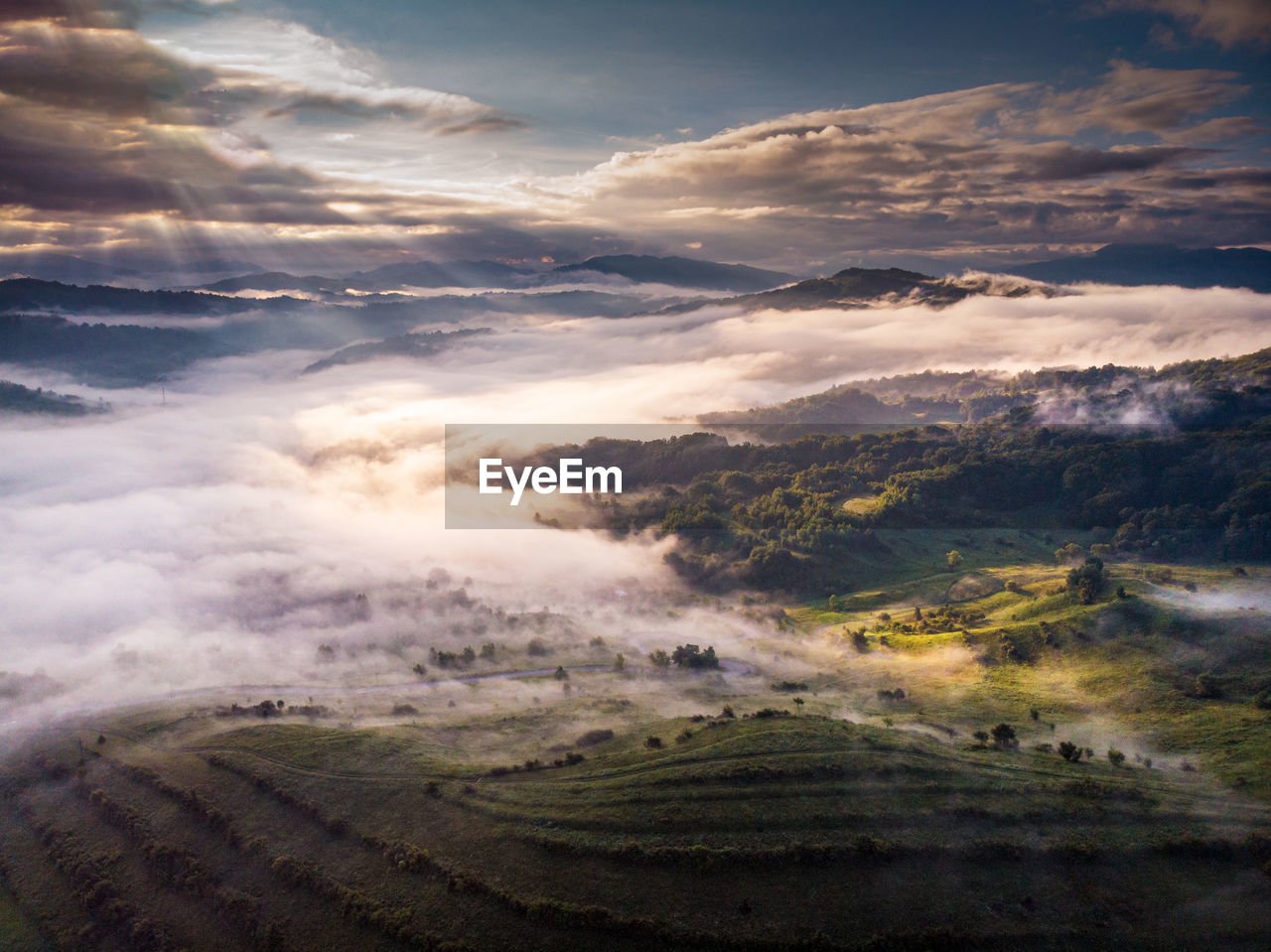 Drone shot maramures romania aerial view at sunrise