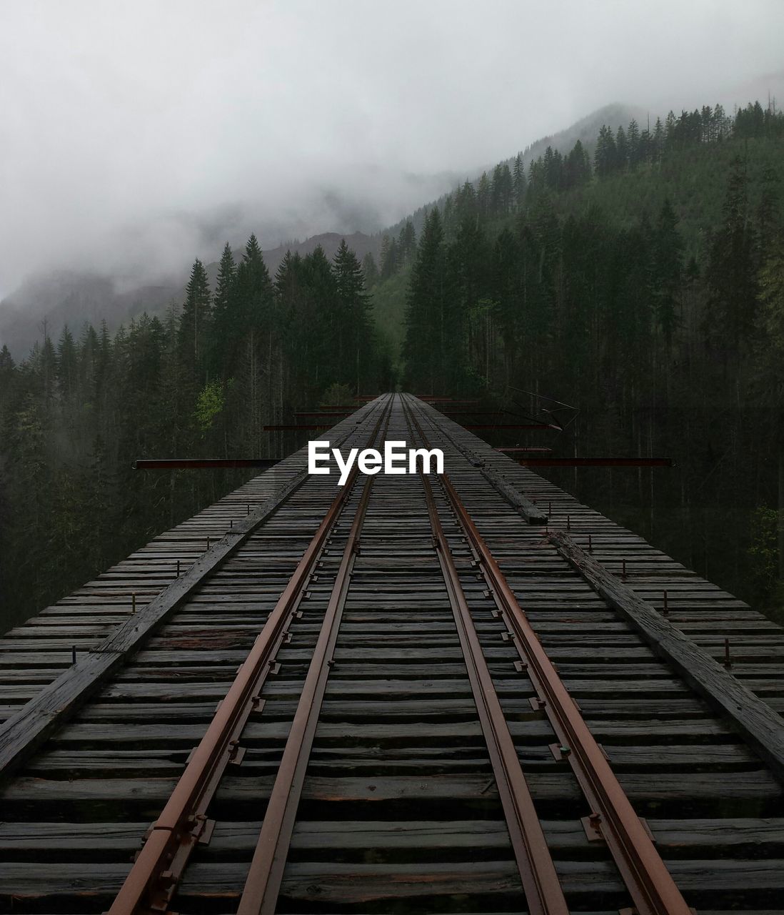 Railway bridge leading towards mountain during foggy weather