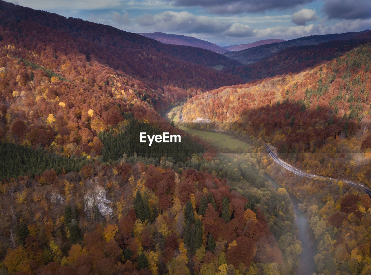 Scenic view of mountains against sky during autumn