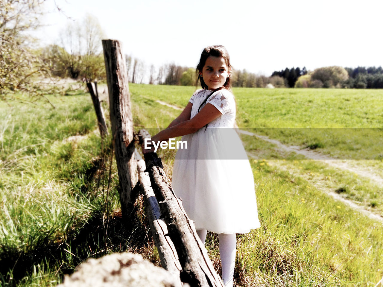 Girl standing by fence on land during sunny day