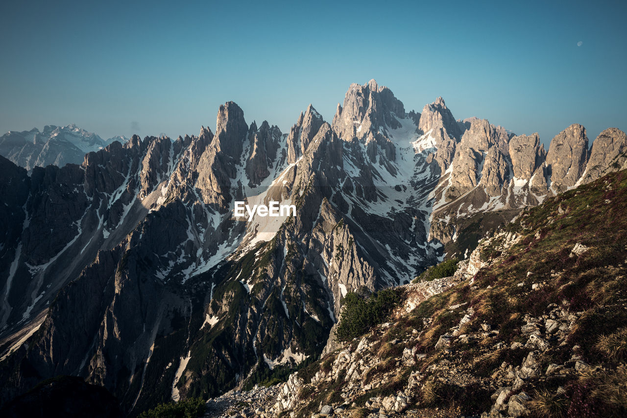 Panoramic view of snowcapped mountains against clear sky