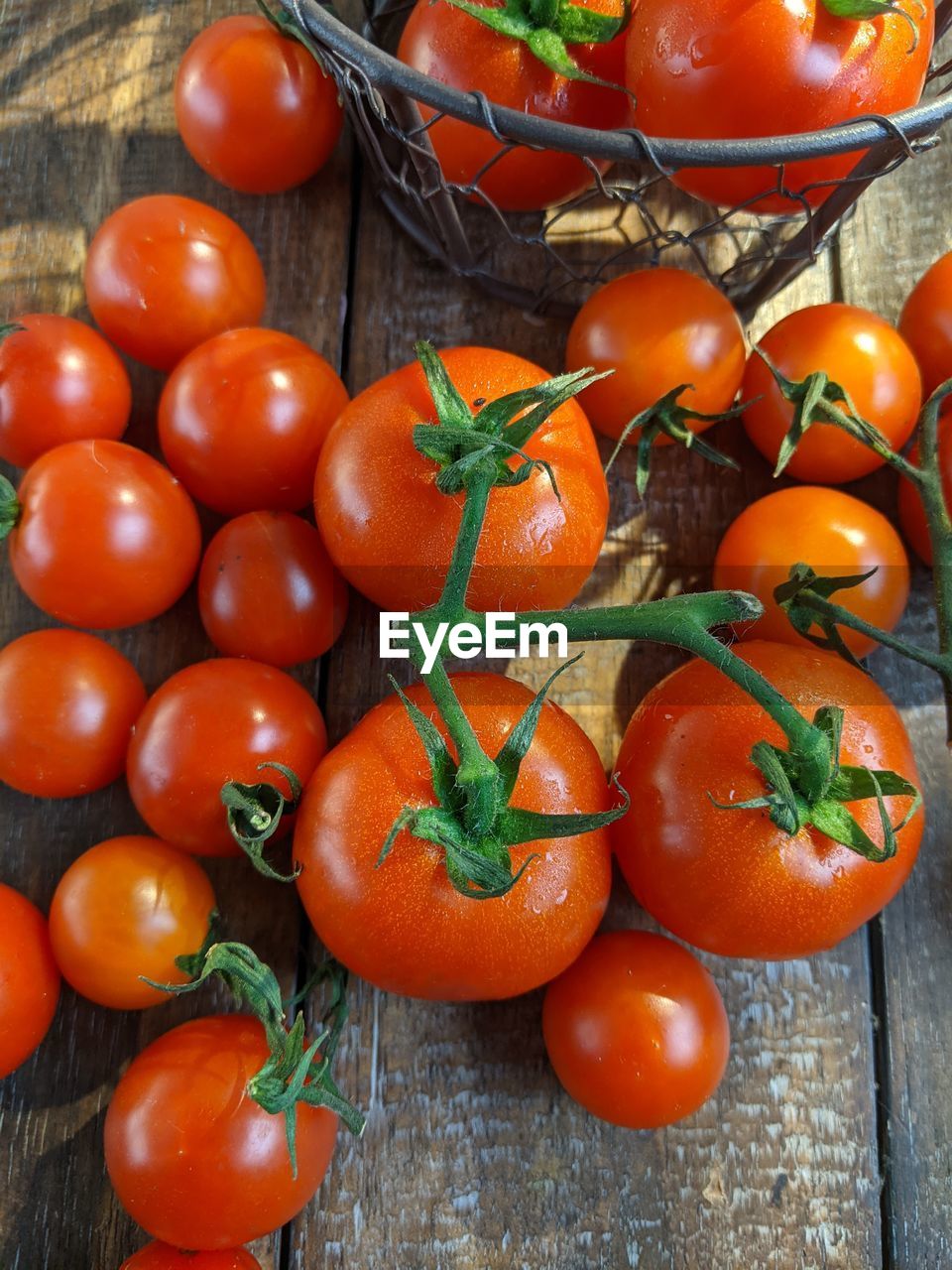 food, food and drink, tomato, healthy eating, freshness, wellbeing, vegetable, fruit, plant, produce, plum tomato, no people, wood, red, still life, large group of objects, nature, organic, directly above, raw food, close-up, high angle view, cherry tomato, indoors, ripe, group of objects, agriculture, table, juicy, abundance