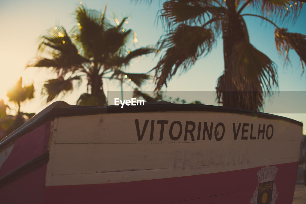 Text on rowboat moored against palm trees