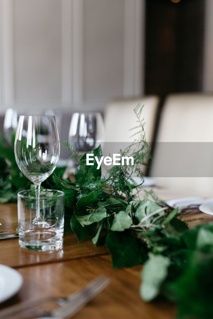 Empty glasses by plant on table at restaurant