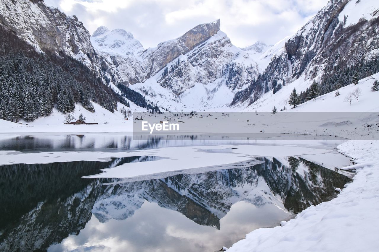 Scenic view of snowcapped mountains and lake against sky