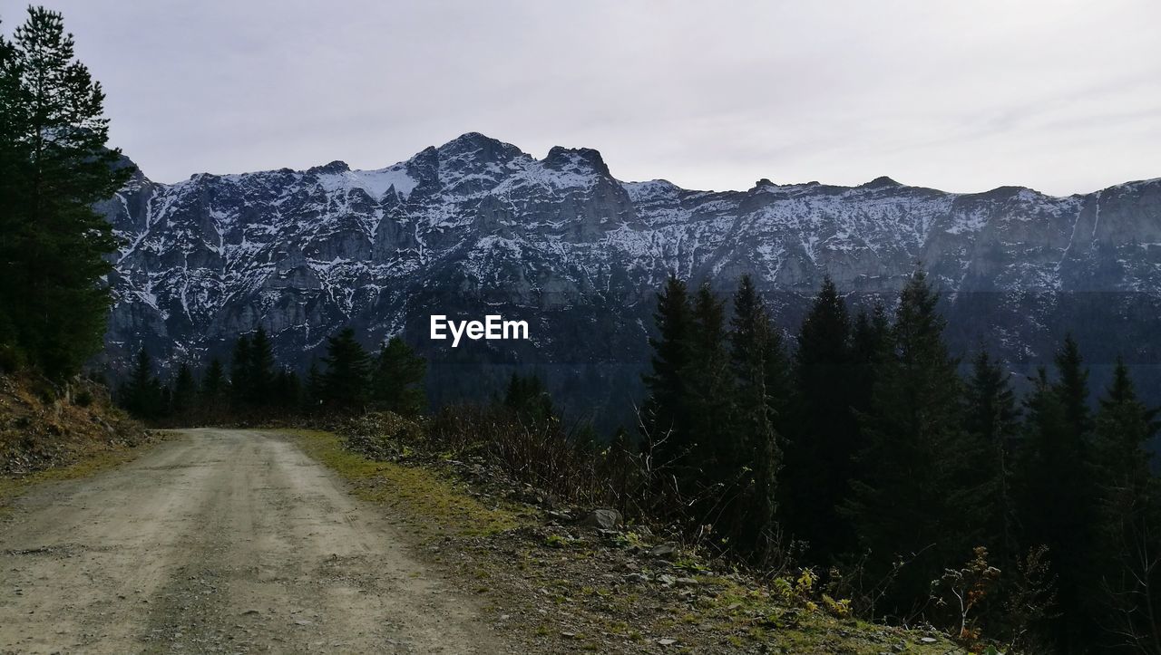 ROAD BY TREES ON MOUNTAIN AGAINST SKY