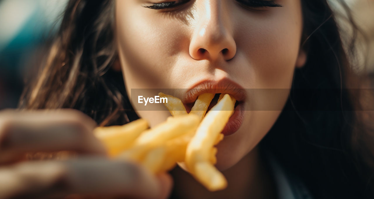 one person, women, eating, fast food, food, person, food and drink, young adult, portrait, adult, unhealthy eating, human mouth, sweetness, human face, close-up, biting, headshot, female, skin, child, holding, hungry, snack, mouth open, emotion, teenager, lifestyles, facial expression, childhood, brown hair