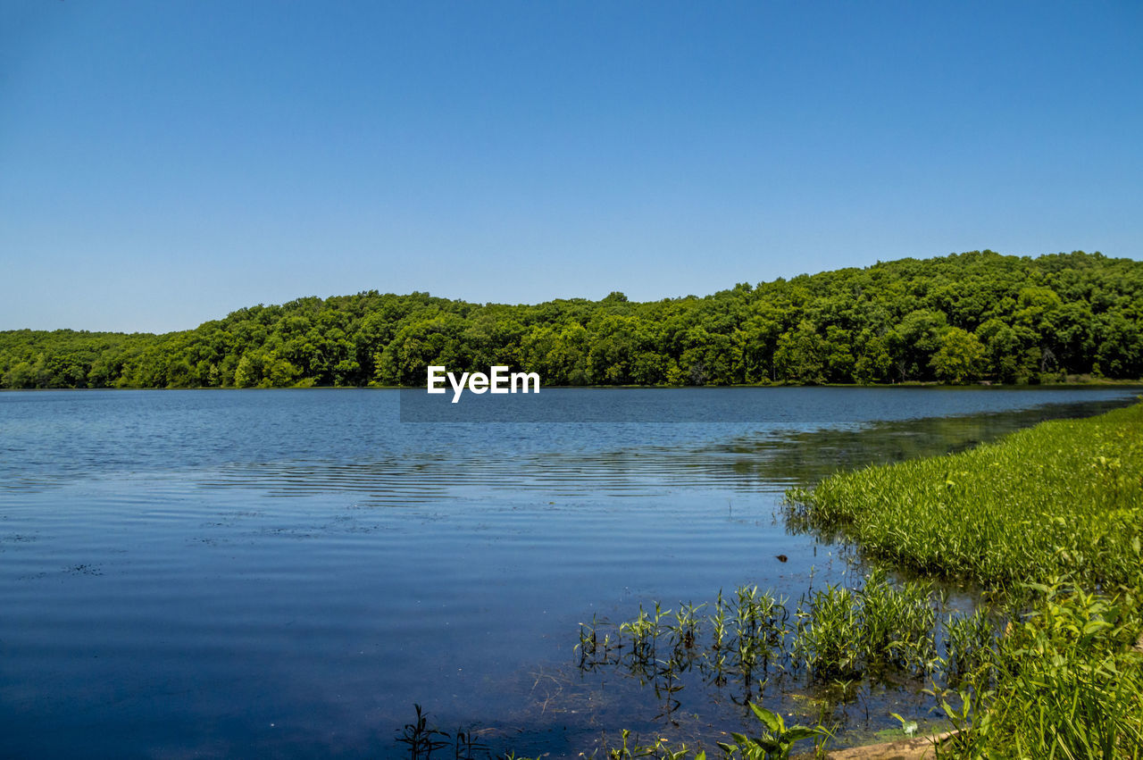 Scenic view of calm lake against clear sky