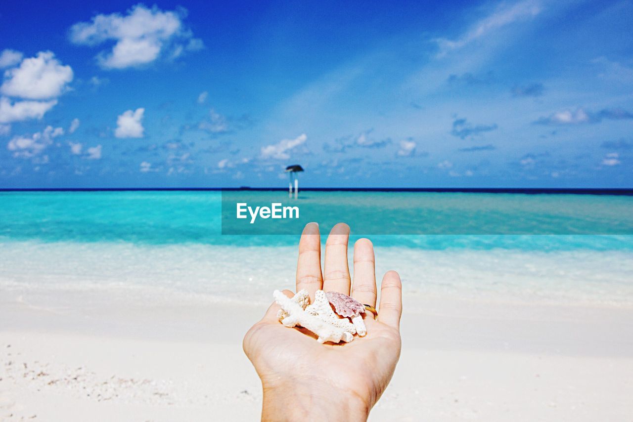 Midsection of person hand on beach against blue sky