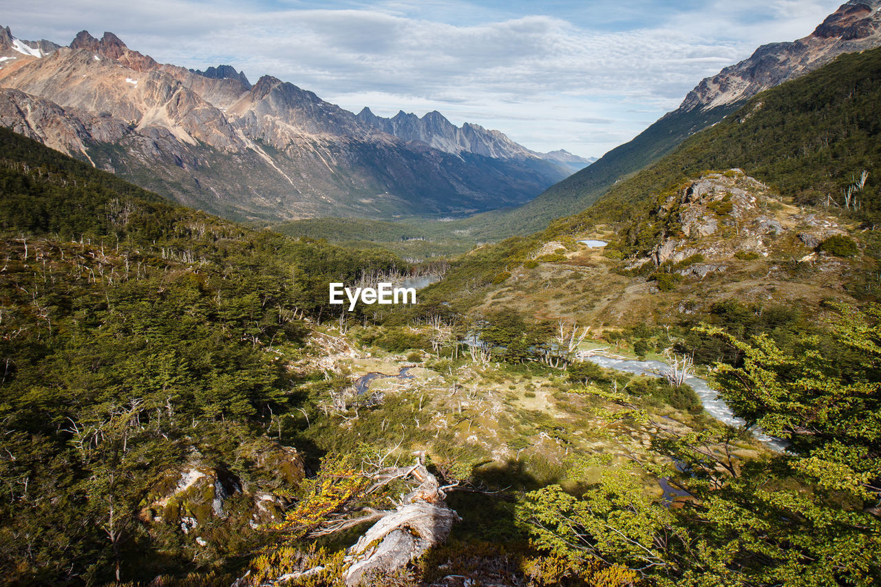 Scenic view of valley and mountains against sky