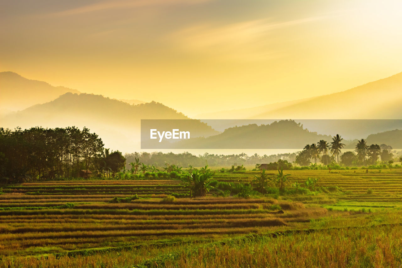 Natural landscape with mountains in the morning and sunshine at sunrise