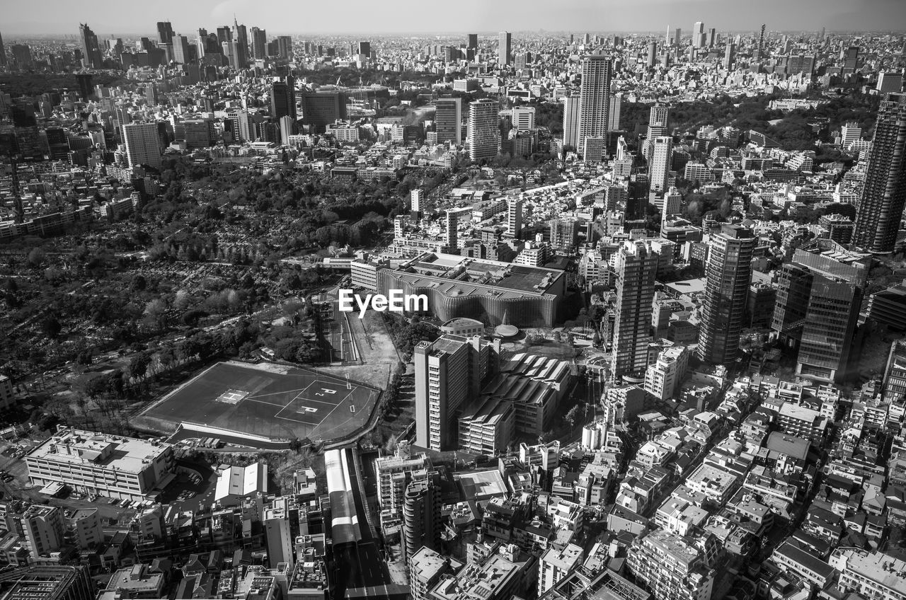 High angle view of modern buildings in city