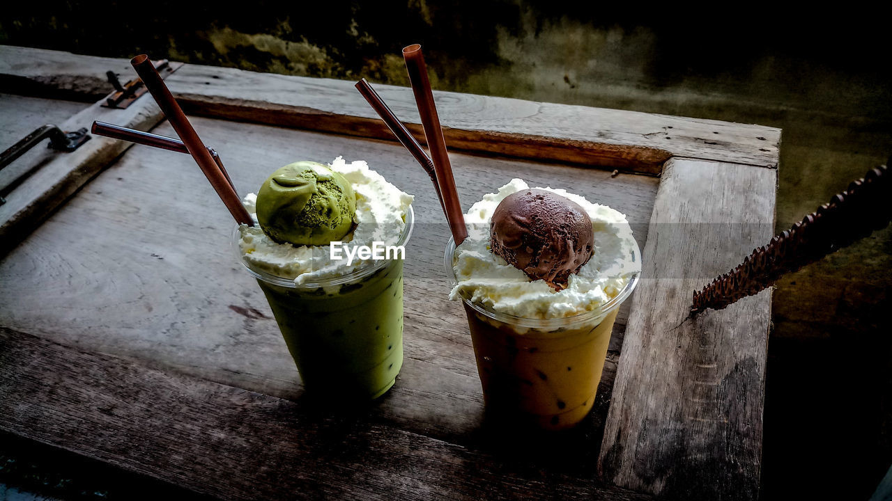 Close-up of ice creams on table