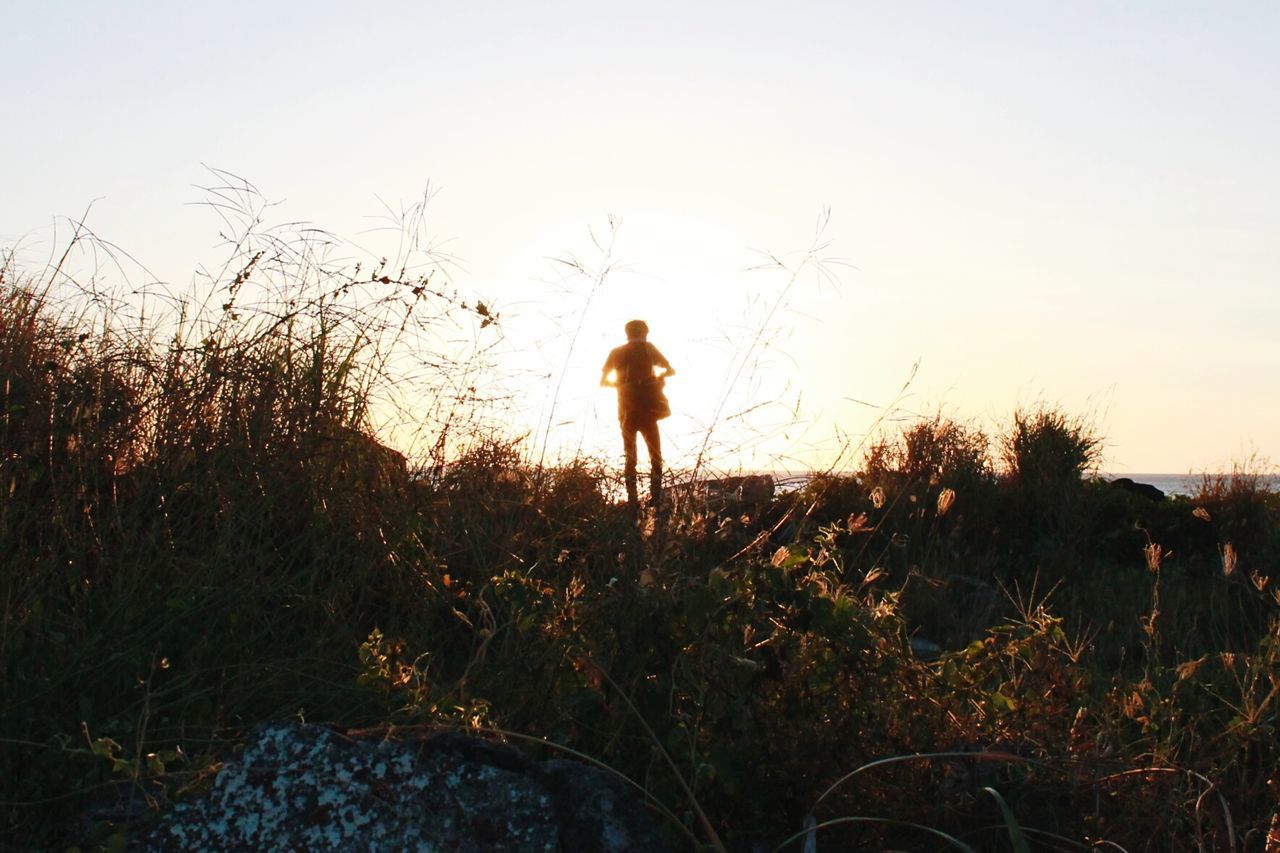 Rear view of person standing on rocks