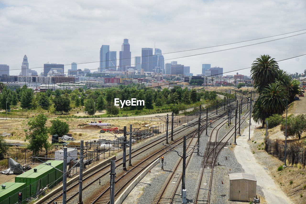 High angle view of railroad tracks in los angeles against sky