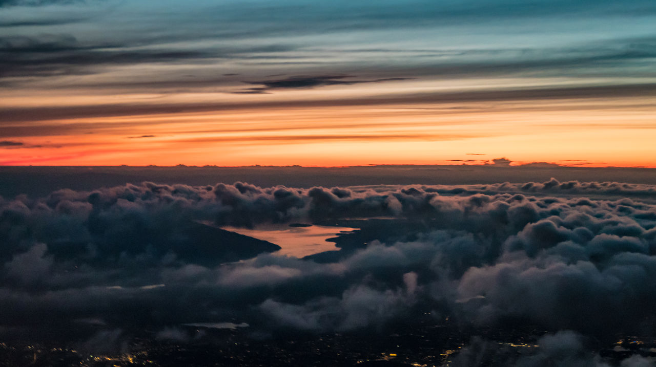 Aerial view of landscape against sky during sunset