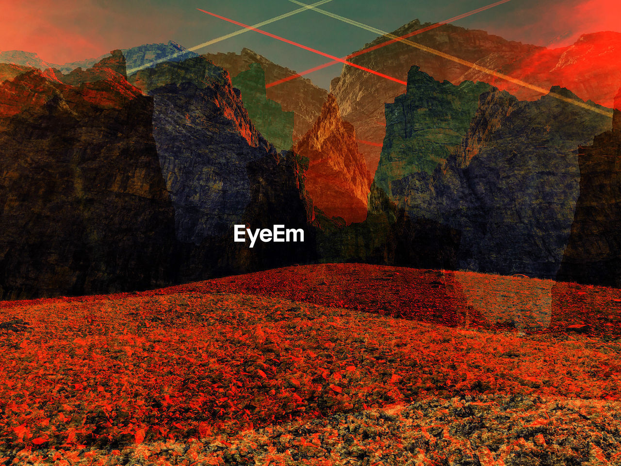 DIGITAL COMPOSITE IMAGE OF PLANTS AND MOUNTAINS