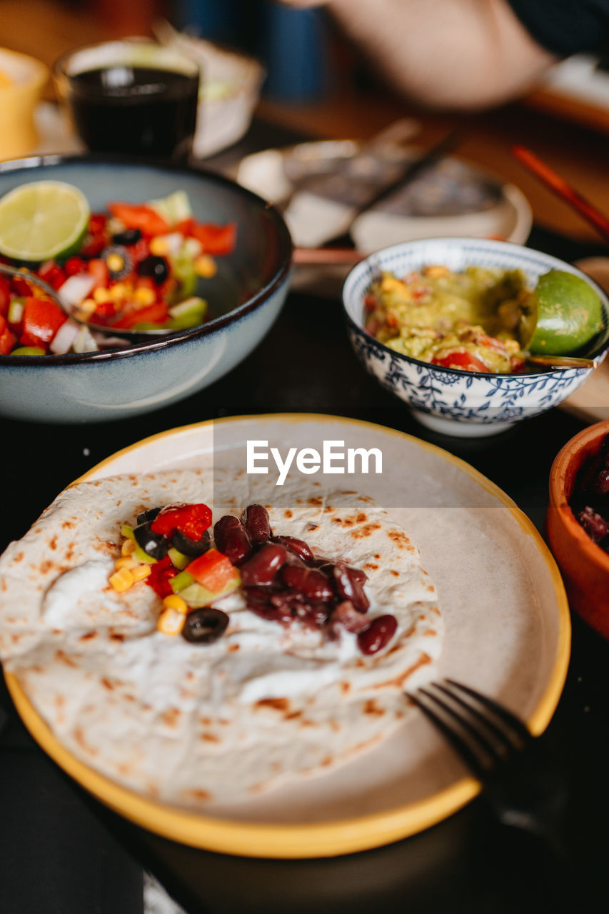 High angle view of breakfast served on table