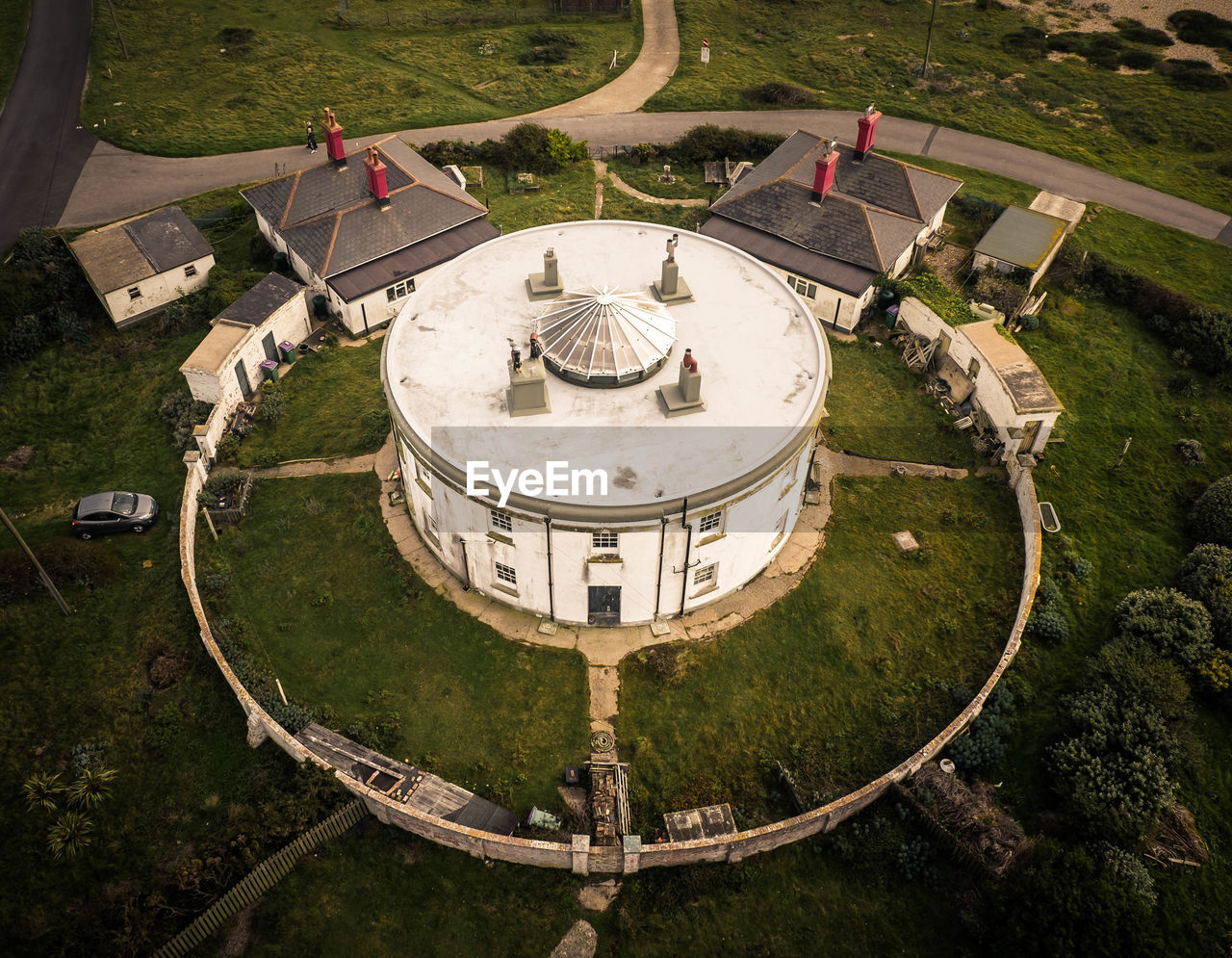 High angle view of round building 