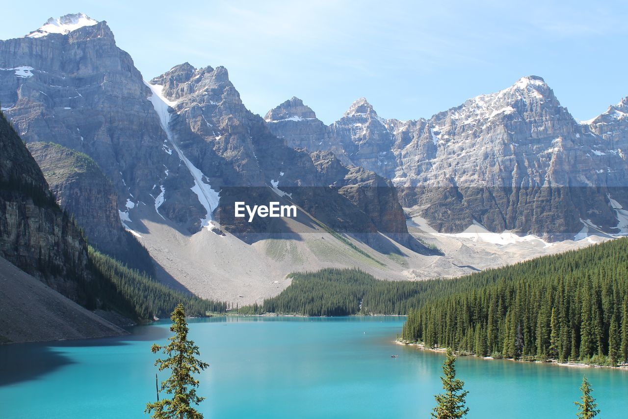 Scenic view of lake and mountains against sky