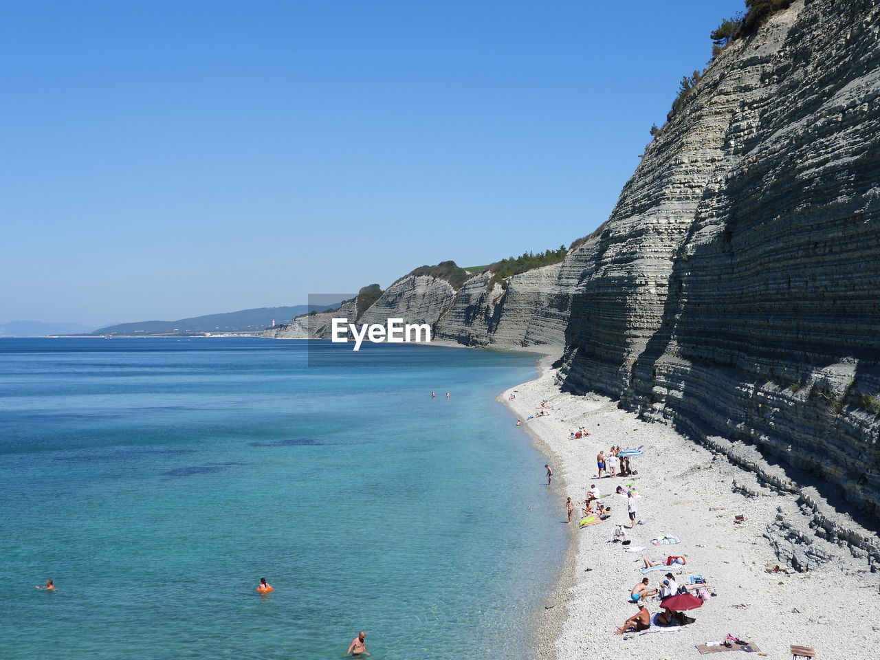 PANORAMIC SHOT OF SEA AGAINST CLEAR SKY