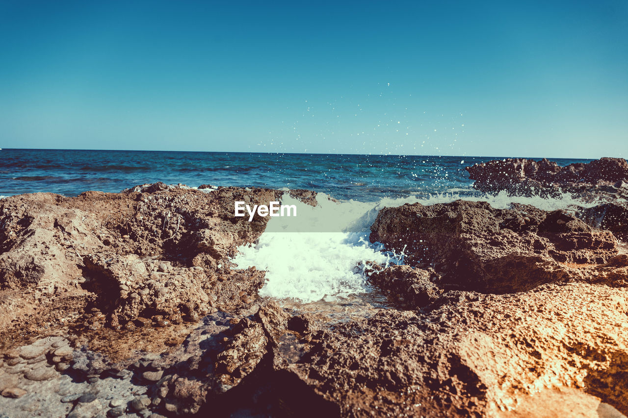 SCENIC VIEW OF SEA WAVES AGAINST CLEAR BLUE SKY