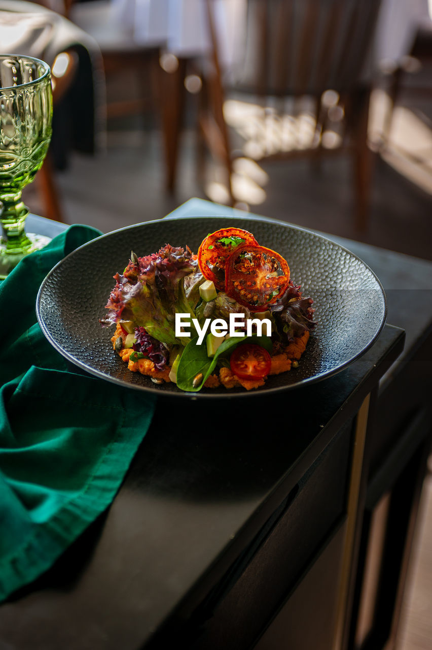 high angle view of food in plate on table