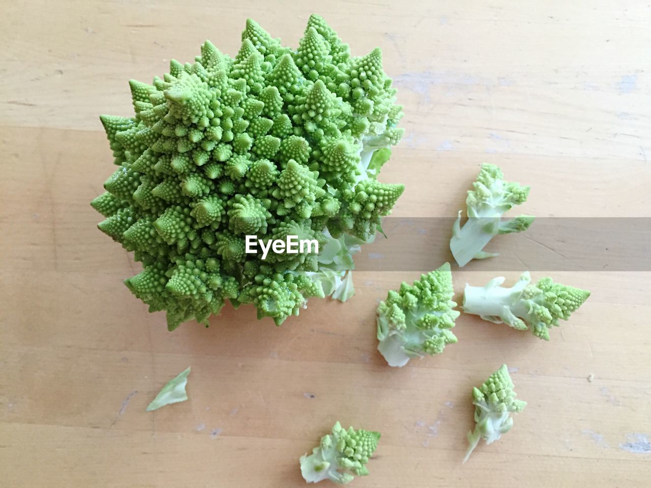 High angle view of romanesco broccoli on table